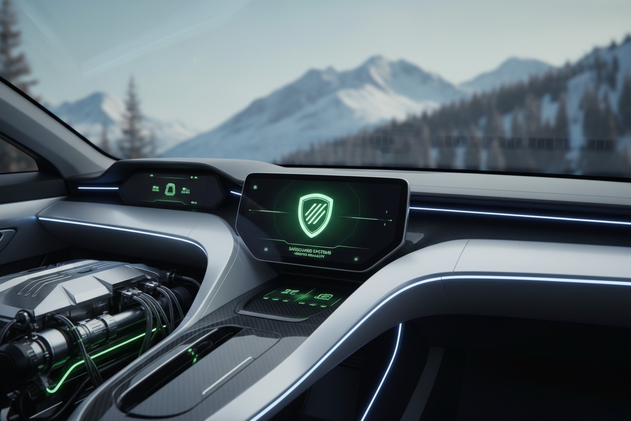 Futuristisk bilinteriör med en digital skärm som visar en grön sköldsymbol framför ett snöigt bergslandskap.