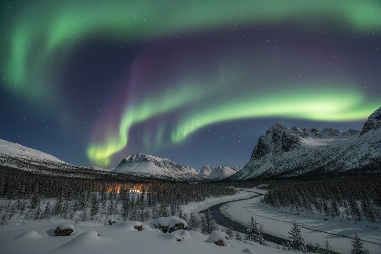 Norrsken lyser upp natthimlen över ett snöigt vinterlandskap med berg och en slingrande flod.