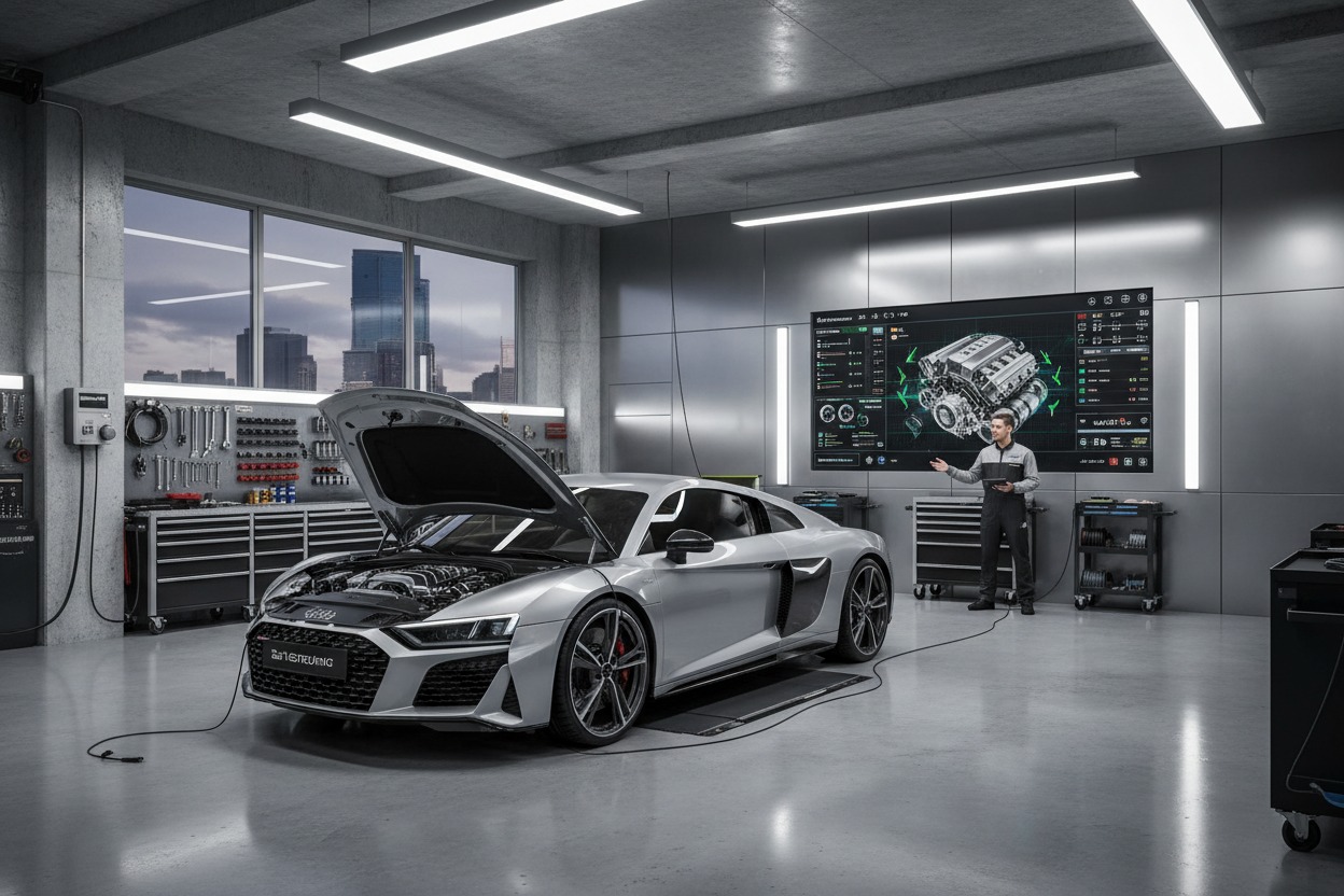 En mekaniker står i en modern verkstad och presenterar teknisk information om en silverfärgad sportbil med öppen motorhuv på en stor digital skärm.